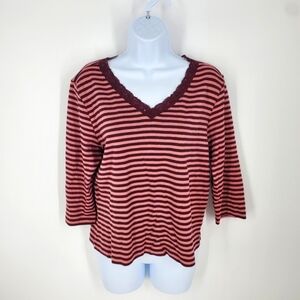 First Issue Liz Claiborne Knit 3/4 Sleeve Top Striped Shirt Women Large Maroon